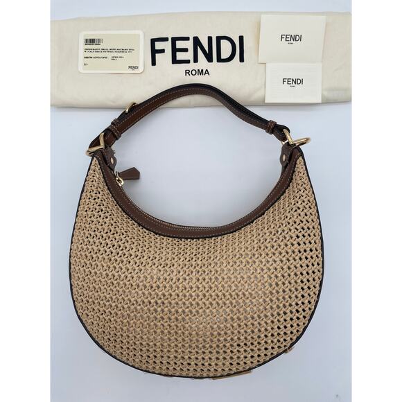 NEW FENDI FF FENDIGRAPHY SUMMER RAFFIA LEATHER SMALL HOBO BROWN LEATHER BAG NWT! - Picture 10 of 15
